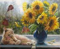 Без бренда «Подсолнухи в синей вазе возле кота» в Новосибирске  в интернет-магазине  в Новосибирске Без бренда «Подсолнухи в синей вазе возле кота» в Новосибирске