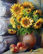 Яблоко и букет подсолнухов