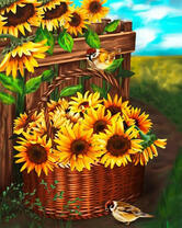 Корзина подсолнухов и воробьи