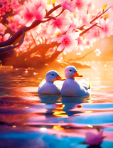 Две белые уточки под цветущей сакурой