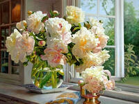 Без бренда «Ваза с букетом белых пионов у окна» в Новосибирске  в интернет-магазине  в Новосибирске Без бренда «Ваза с букетом белых пионов у окна» в Новосибирске