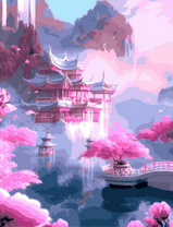 Японский храм в горах среди цветущих сакур