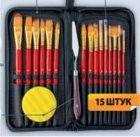 Без бренда «Коробка 50 шт.: Набор кистей для рисования в чехле, премиум набор (15 нейлоновых кистей, 1 мастихин) красные» в Новосибирске 