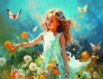 Девочка в белом платье ловит бабочку