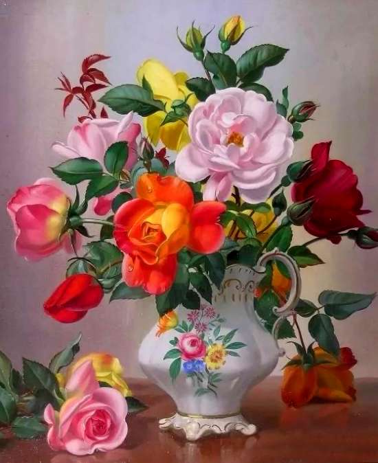 Картина по номерам 40x50 Разноцветные розочки в нежной вазочке