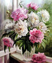 Без бренда «Пионы в прозрачной вазе у окна» в Новосибирске 